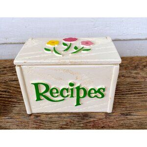 VIntage 1970s Faux white Wood Floral Recipe Box with Recipes Retro